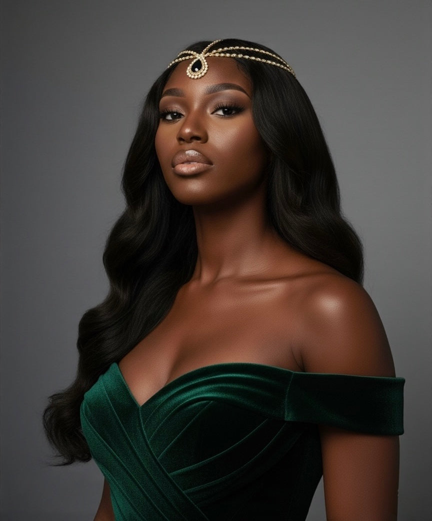 Luxury Black Crystal Teardrop Headpiece – Triple Row Rhinestone Bridal Forehead Jewellery (Gold & Silver) - Fatisha Boutique #