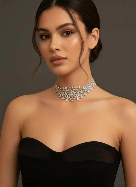 Elegant Dazzling Floral Rhinestone Choker Necklace – Handmade Statement Jewellery - Fatisha Boutique #