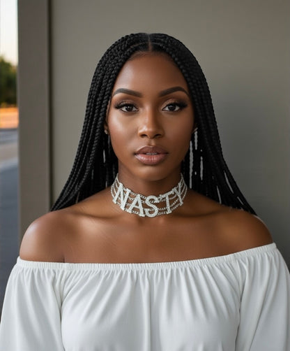 NASTY Rhinestone Statement Choker Necklace – Bold Crystal Letter Jewellery (Gold & Silver) - Fatisha Boutique #