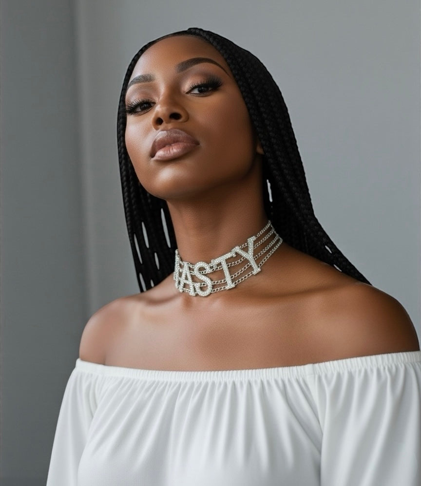 NASTY Rhinestone Statement Choker Necklace – Bold Crystal Letter Jewellery (Gold & Silver) - Fatisha Boutique #