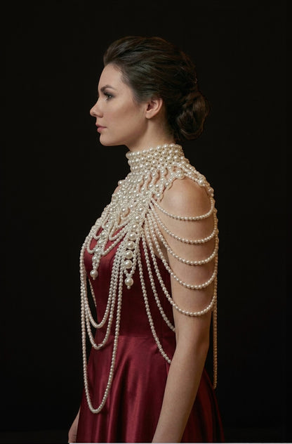 Boho Pearl Beaded Shoulder Tassel Body Jewellery – Bridal Statement Necklace (Free UK Shipping) - Fatisha Boutique #