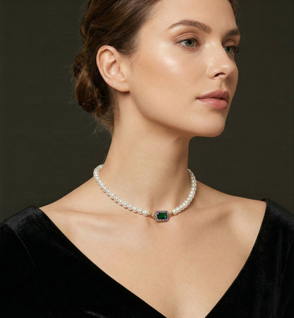 Elegant Faux Pearl Green Rhinestone Choker Necklace – Handmade Statement Jewellery - Fatisha Boutique #