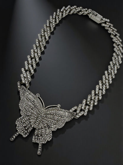 Elegant Rhinestone Cuban Butterfly Pendant Necklace – Sparkling Statement Jewellery in Gold & Silver