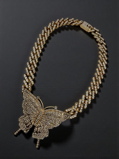 Elegant Rhinestone Cuban Butterfly Pendant Necklace – Sparkling Statement Jewellery in Gold & Silver