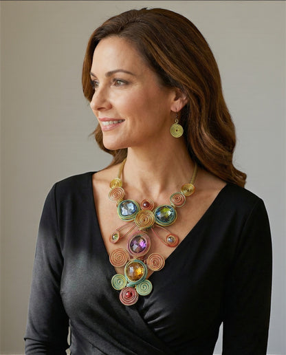 Bohemian Big Colourful Crystal Beads Twisted Wire Ethnic Statement Necklace Set