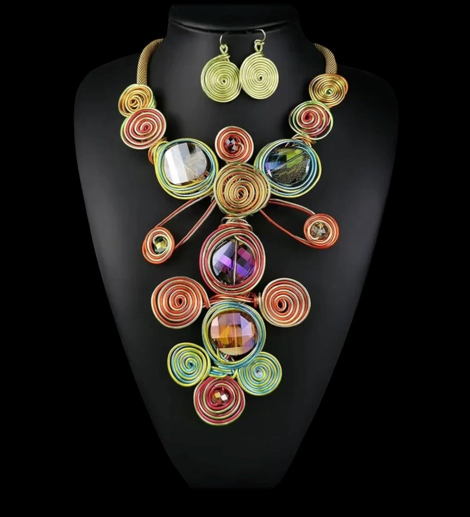 Bohemian Big Colourful Crystal Beads Twisted Wire Ethnic Statement Necklace Set