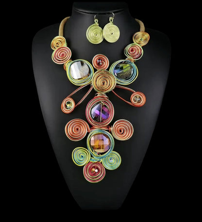 Bohemian Big Colourful Crystal Beads Twisted Wire Ethnic Statement Necklace Set