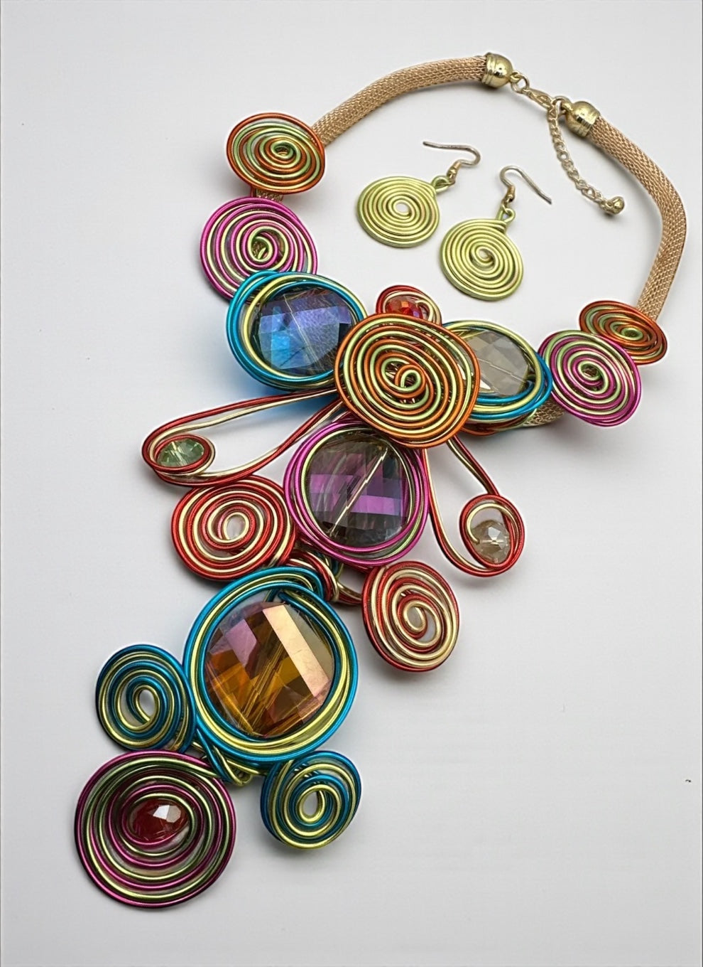 Bohemian Big Colourful Crystal Beads Twisted Wire Ethnic Statement Necklace Set