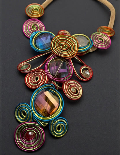 Bohemian Big Colourful Crystal Beads Twisted Wire Ethnic Statement Necklace Set