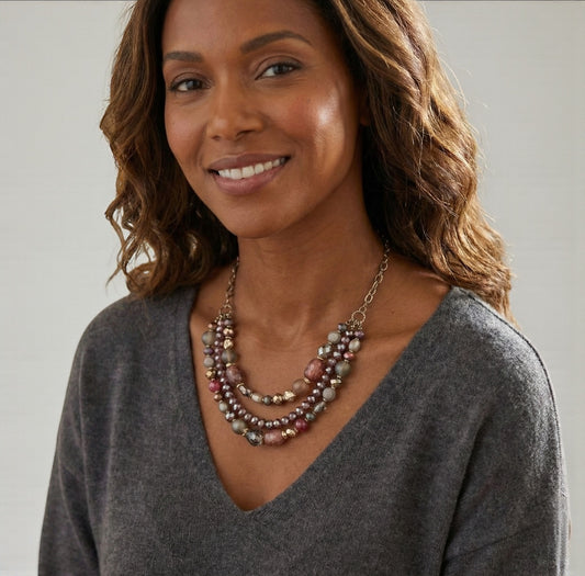 Bohemian Classic Style Triple Strands Mixed Glass Beaded Necklace