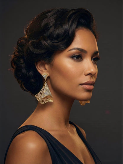 Elegant Crystal Filigree Fan Earrings | Gold & Silver Statement Drops