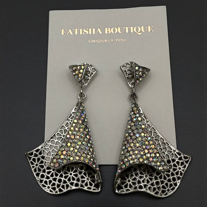 Elegant Crystal Filigree Fan Earrings | Gold & Silver Statement Drops