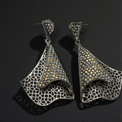 Elegant Crystal Filigree Fan Earrings | Gold & Silver Statement Drops