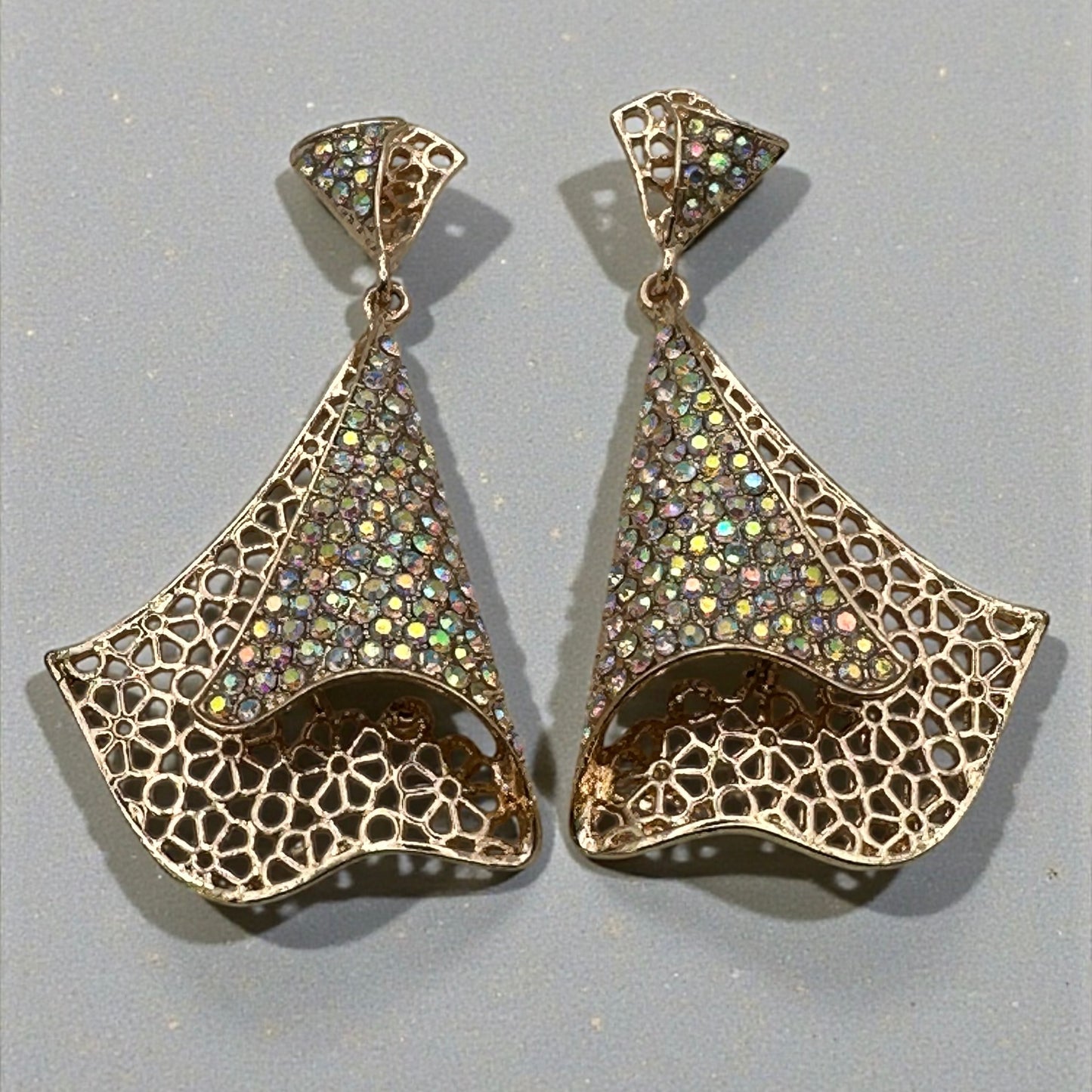 Elegant Crystal Filigree Fan Earrings | Gold & Silver Statement Drops