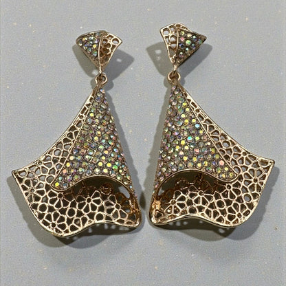 Elegant Crystal Filigree Fan Earrings | Gold & Silver Statement Drops