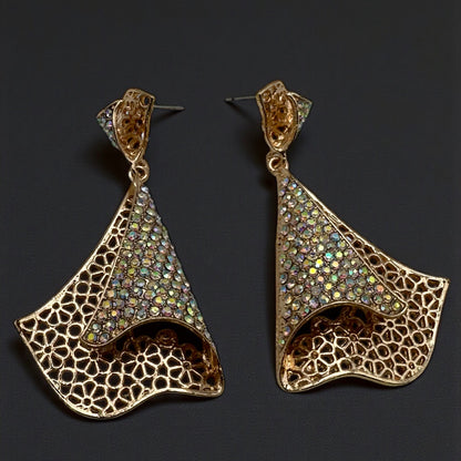 Elegant Crystal Filigree Fan Earrings | Gold & Silver Statement Drops