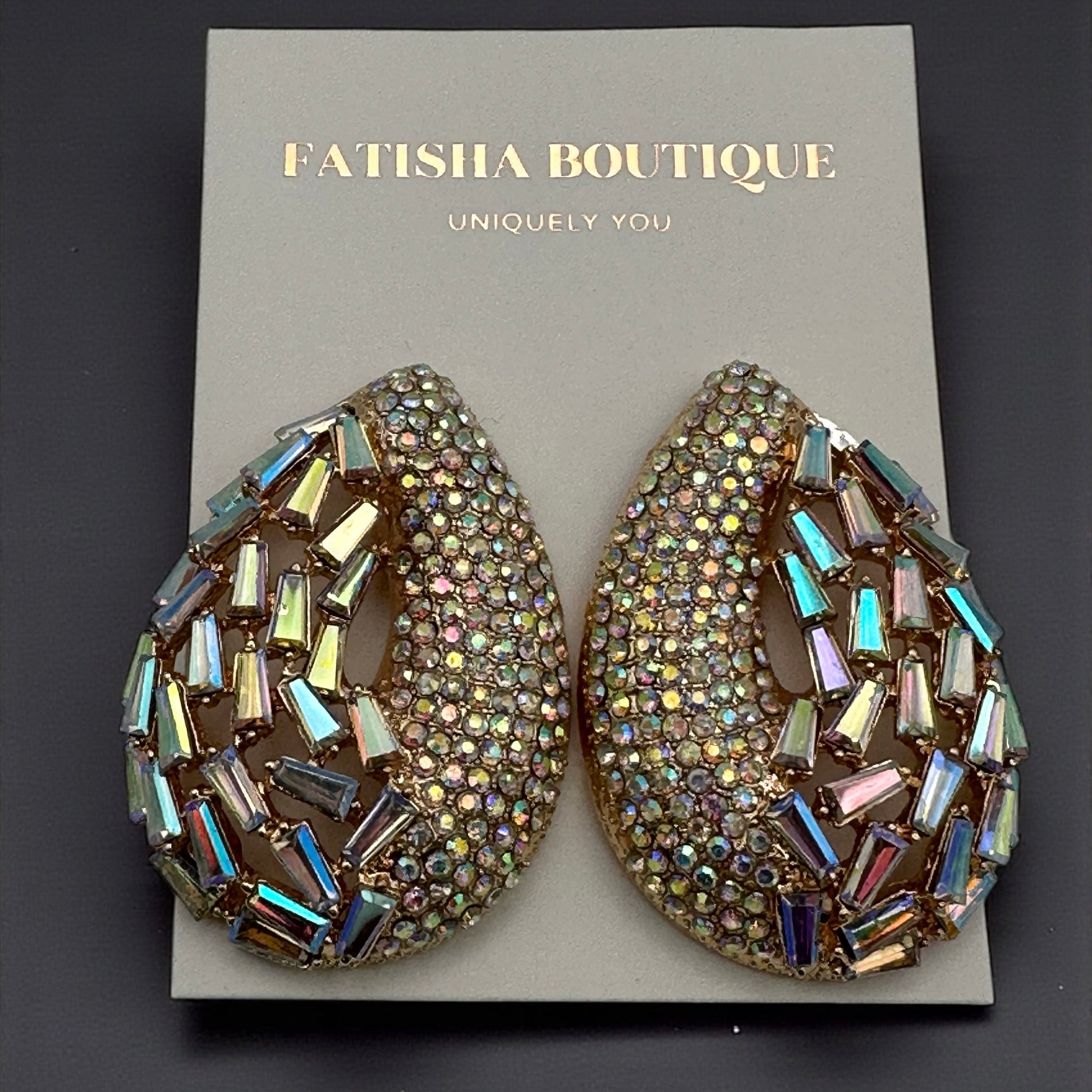 Iridescent Teardrop Rhinestone Earrings | Crystal Studs | Statement Jewellery - Fatisha Boutique #