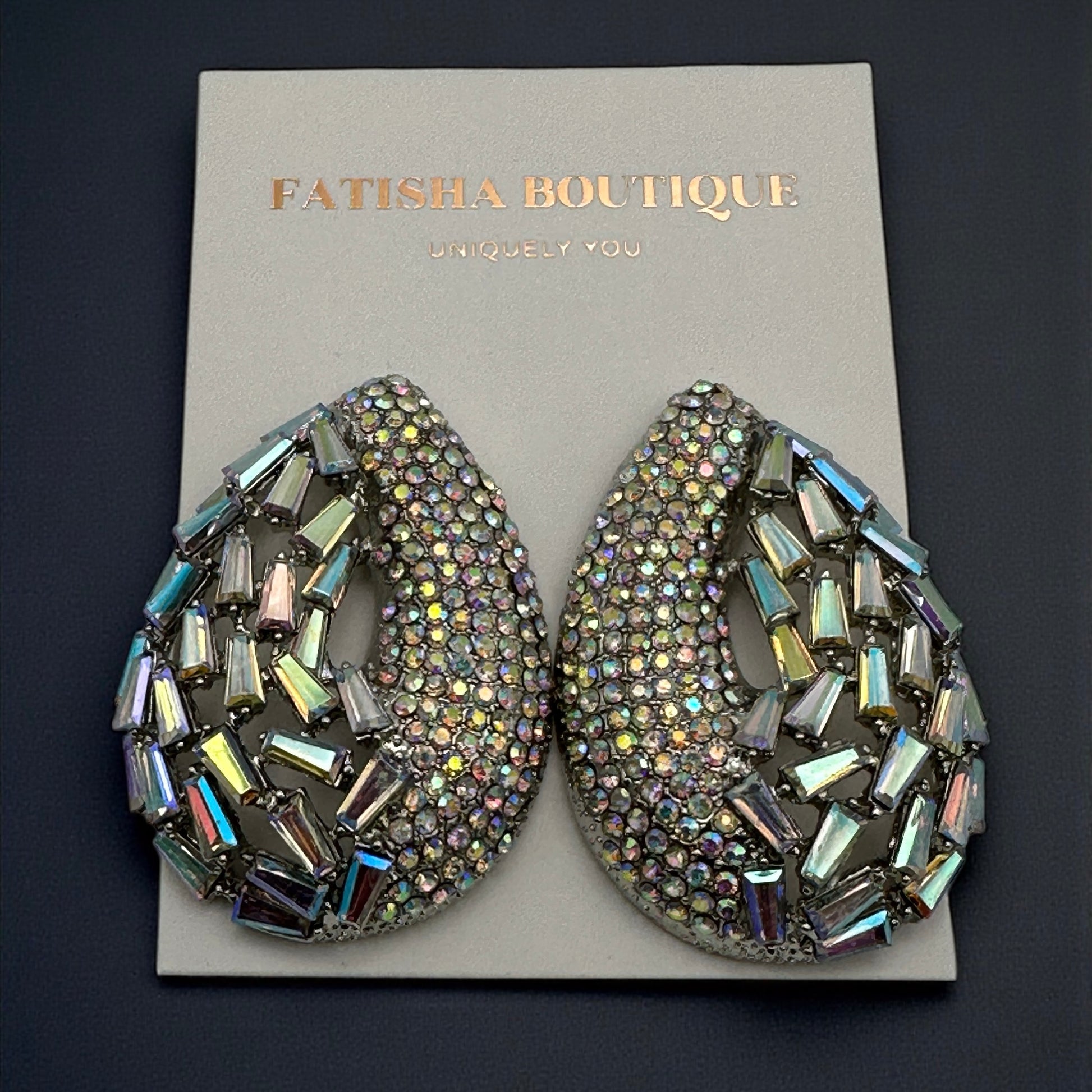 Iridescent Teardrop Rhinestone Earrings | Crystal Studs | Statement Jewellery - Fatisha Boutique #
