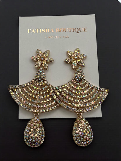 Floral Fan Crystal Statement Drop Earrings – Gold & Silver