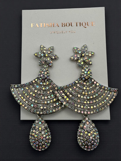 Floral Fan Crystal Statement Drop Earrings – Gold & Silver