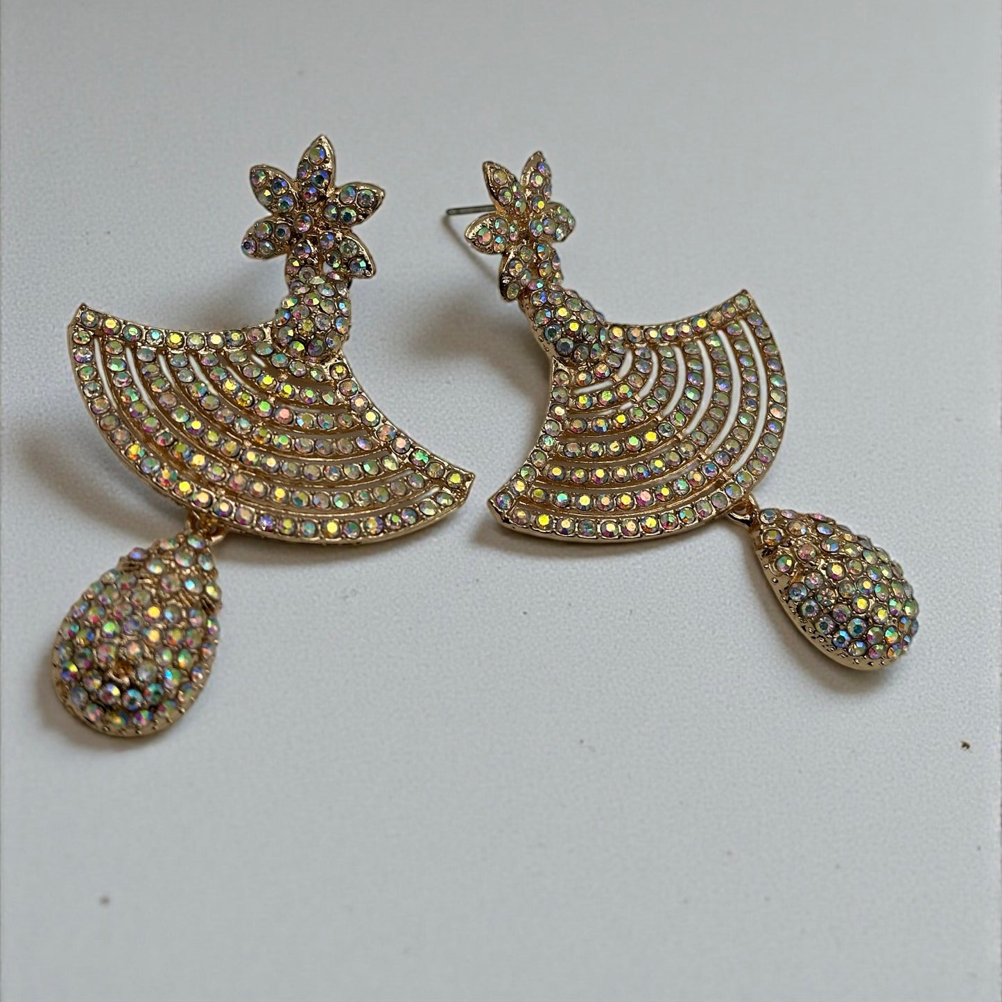 Floral Fan Crystal Statement Drop Earrings – Gold & Silver