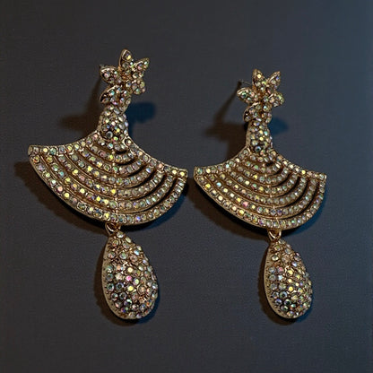 Floral Fan Crystal Statement Drop Earrings – Gold & Silver
