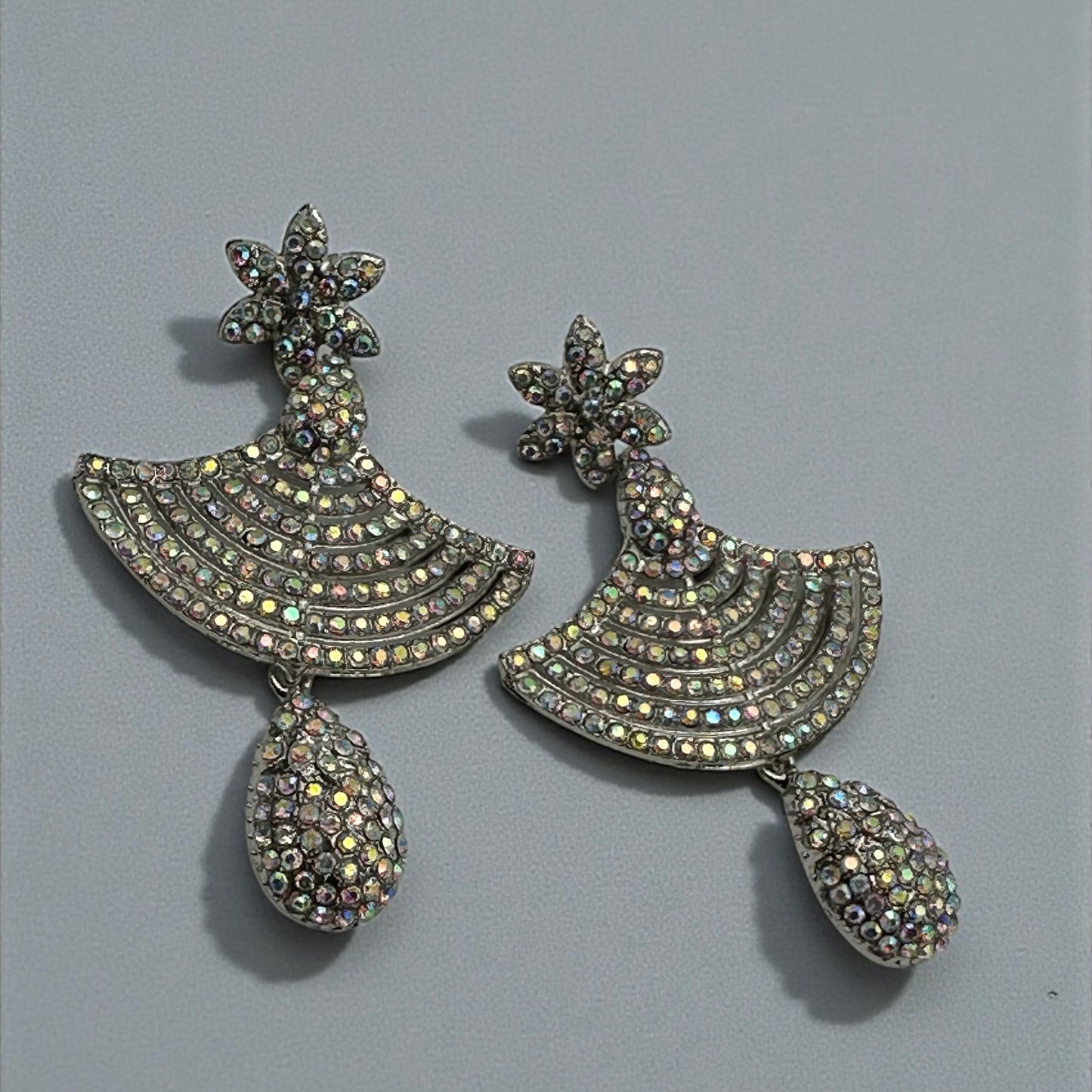 Floral Fan Crystal Statement Drop Earrings – Gold & Silver