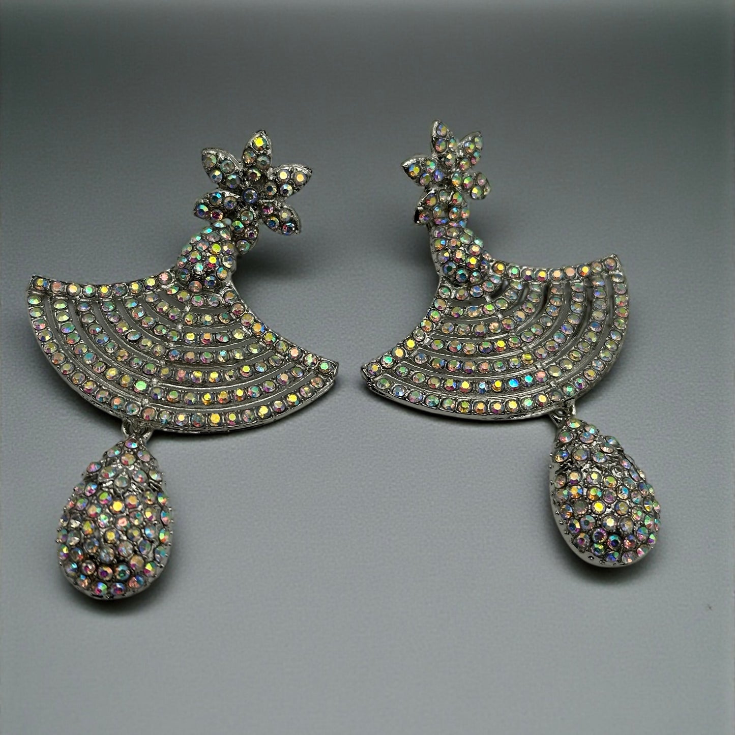 Floral Fan Crystal Statement Drop Earrings – Gold & Silver