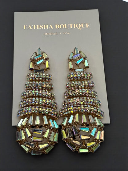 Glamorous Multi-Layer Baguette & Crystal Statement Drop Earrings – Gold & Silver