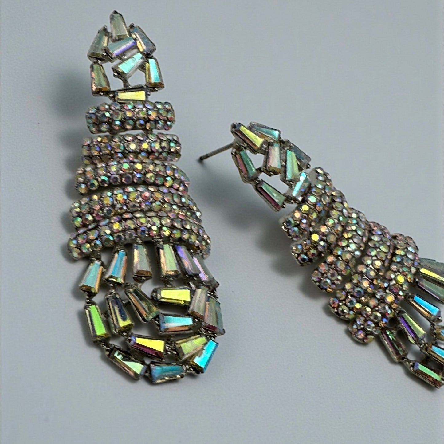 Glamorous Multi-Layer Baguette & Crystal Statement Drop Earrings – Gold & Silver