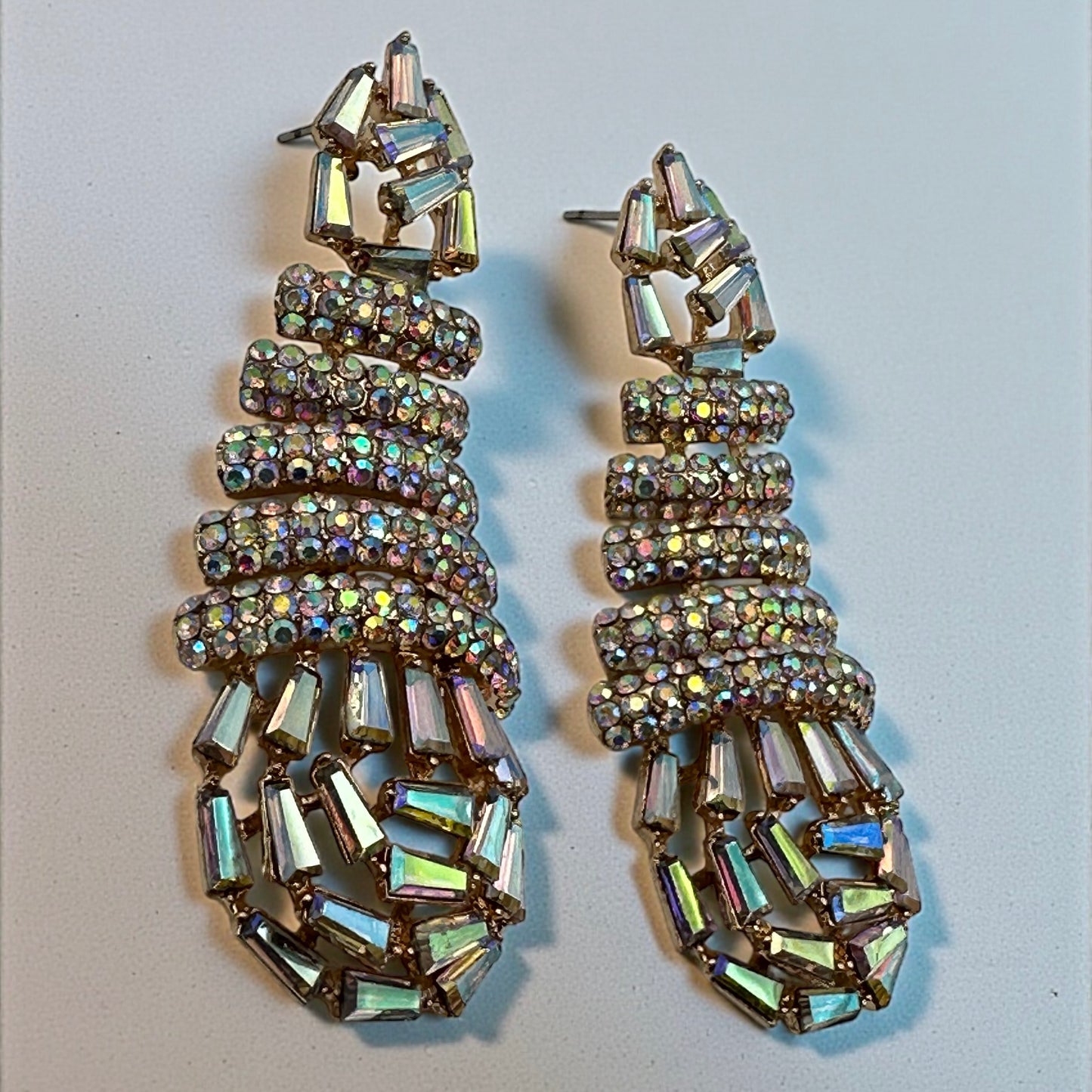 Glamorous Multi-Layer Baguette & Crystal Statement Drop Earrings – Gold & Silver