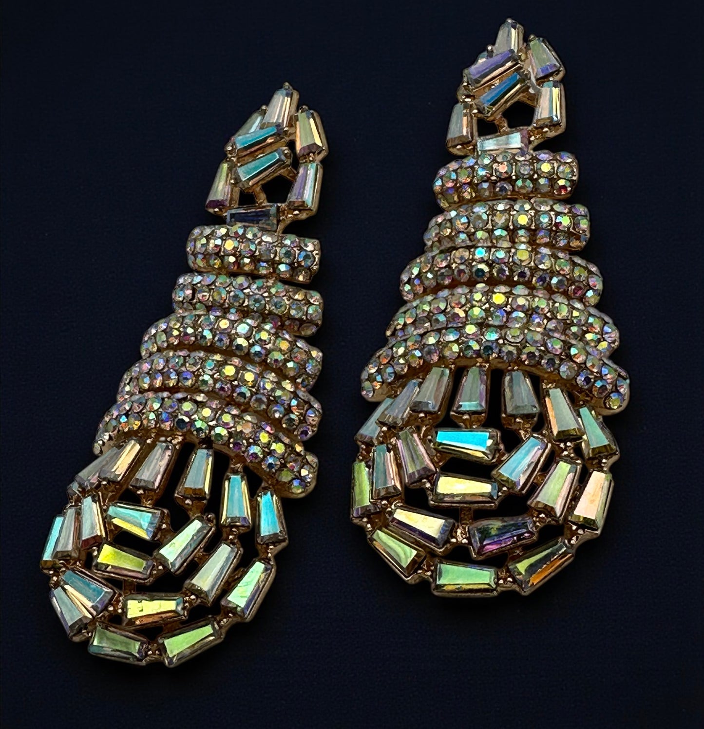 Glamorous Multi-Layer Baguette & Crystal Statement Drop Earrings – Gold & Silver