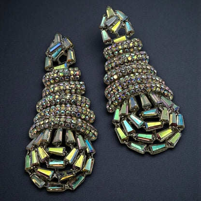 Glamorous Multi-Layer Baguette & Crystal Statement Drop Earrings – Gold & Silver