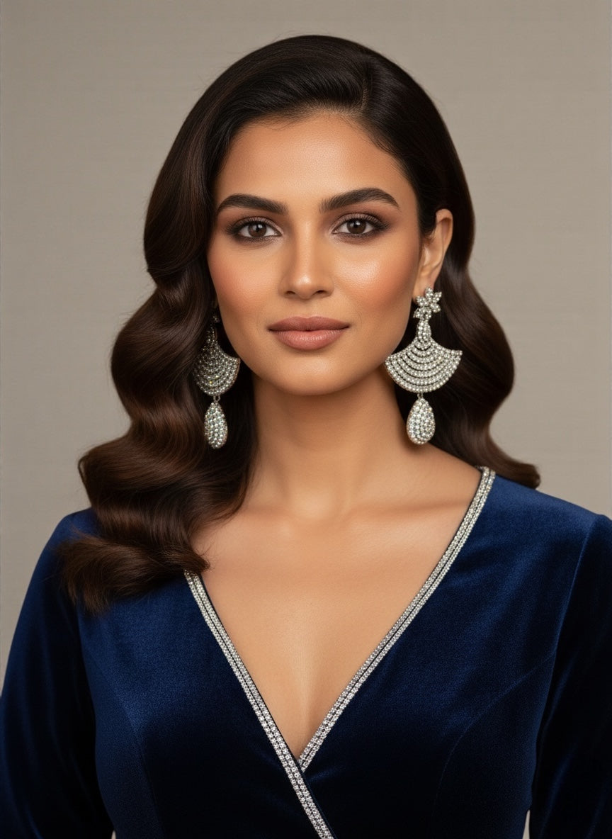 Floral Fan Crystal Statement Drop Earrings – Gold & Silver