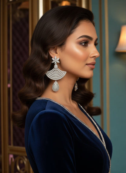 Floral Fan Crystal Statement Drop Earrings – Gold & Silver