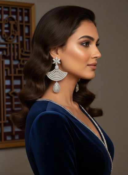 Floral Fan Crystal Statement Drop Earrings – Gold & Silver