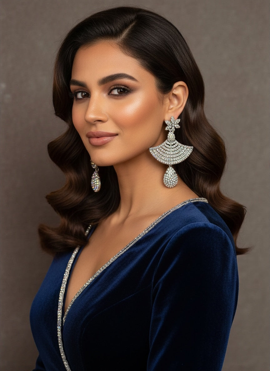 Floral Fan Crystal Statement Drop Earrings – Gold & Silver