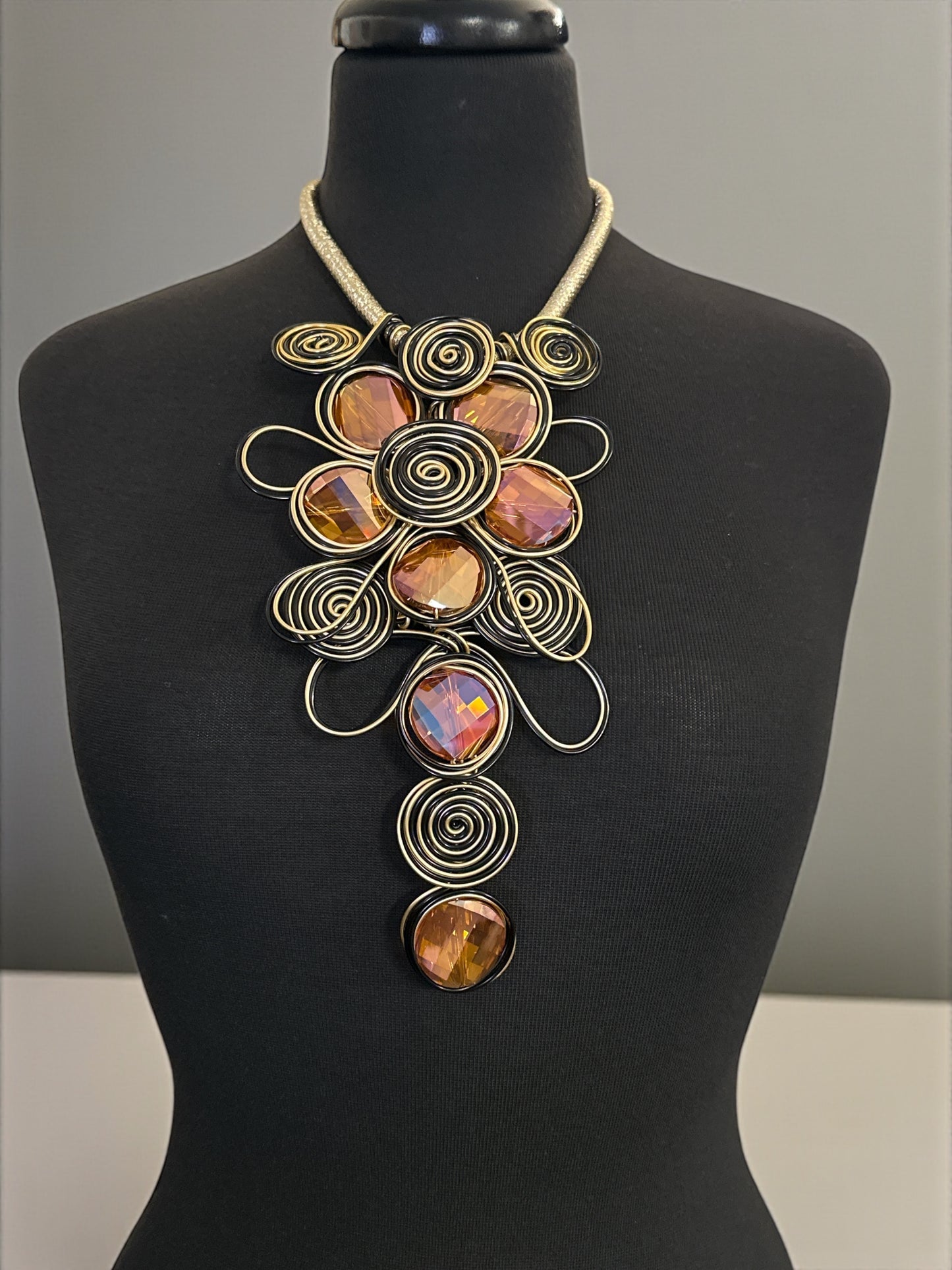Bohemian Wire Wrapped Spiral Statement Necklace & Earrings Set – Oversized Crystal Pendant Jewellery