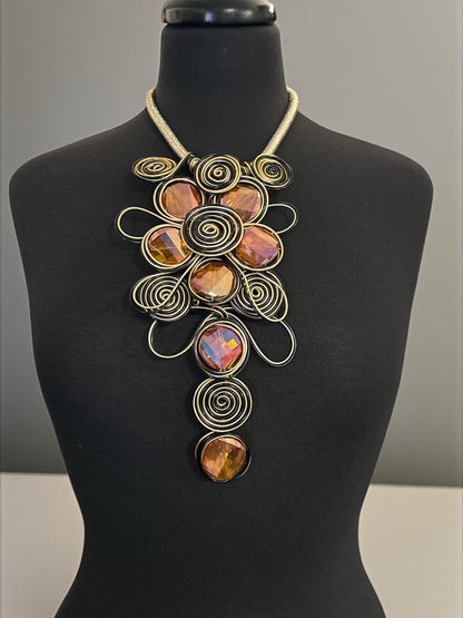Bohemian Wire Wrapped Spiral Statement Necklace & Earrings Set – Oversized Crystal Pendant Jewellery