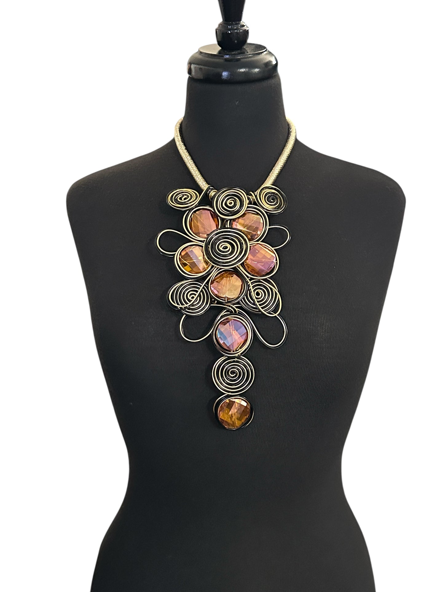 Bohemian Wire Wrapped Spiral Statement Necklace & Earrings Set – Oversized Crystal Pendant Jewellery