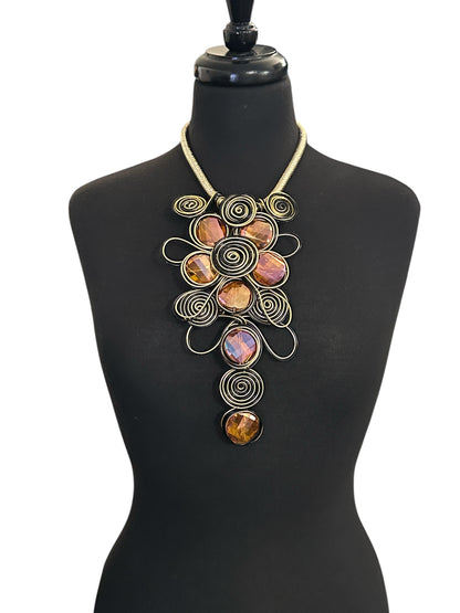 Bohemian Wire Wrapped Spiral Statement Necklace & Earrings Set – Oversized Crystal Pendant Jewellery
