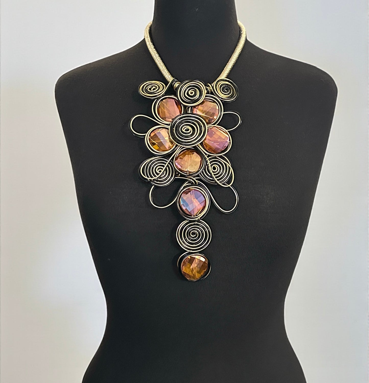 Bohemian Wire Wrapped Spiral Statement Necklace & Earrings Set – Oversized Crystal Pendant Jewellery