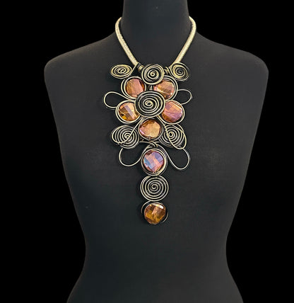 Bohemian Wire Wrapped Spiral Statement Necklace & Earrings Set – Oversized Crystal Pendant Jewellery