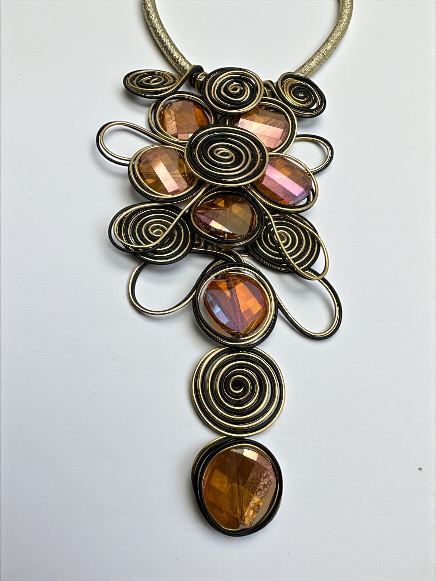 Bohemian Wire Wrapped Spiral Statement Necklace & Earrings Set – Oversized Crystal Pendant Jewellery