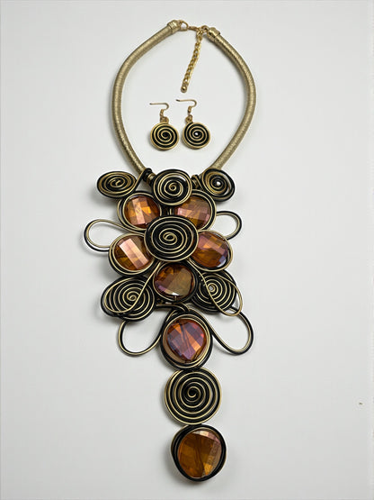 Bohemian Wire Wrapped Spiral Statement Necklace & Earrings Set – Oversized Crystal Pendant Jewellery