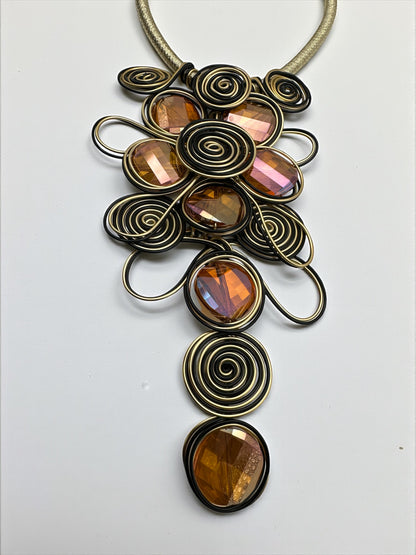 Bohemian Wire Wrapped Spiral Statement Necklace & Earrings Set – Oversized Crystal Pendant Jewellery