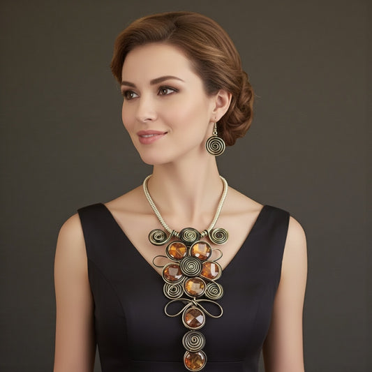 Bohemian Wire Wrapped Spiral Statement Necklace & Earrings Set – Oversized Crystal Pendant Jewellery