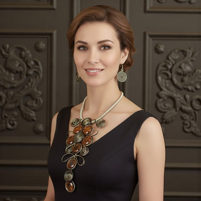 Bohemian Wire Wrapped Spiral Statement Necklace & Earrings Set – Oversized Crystal Pendant Jewellery