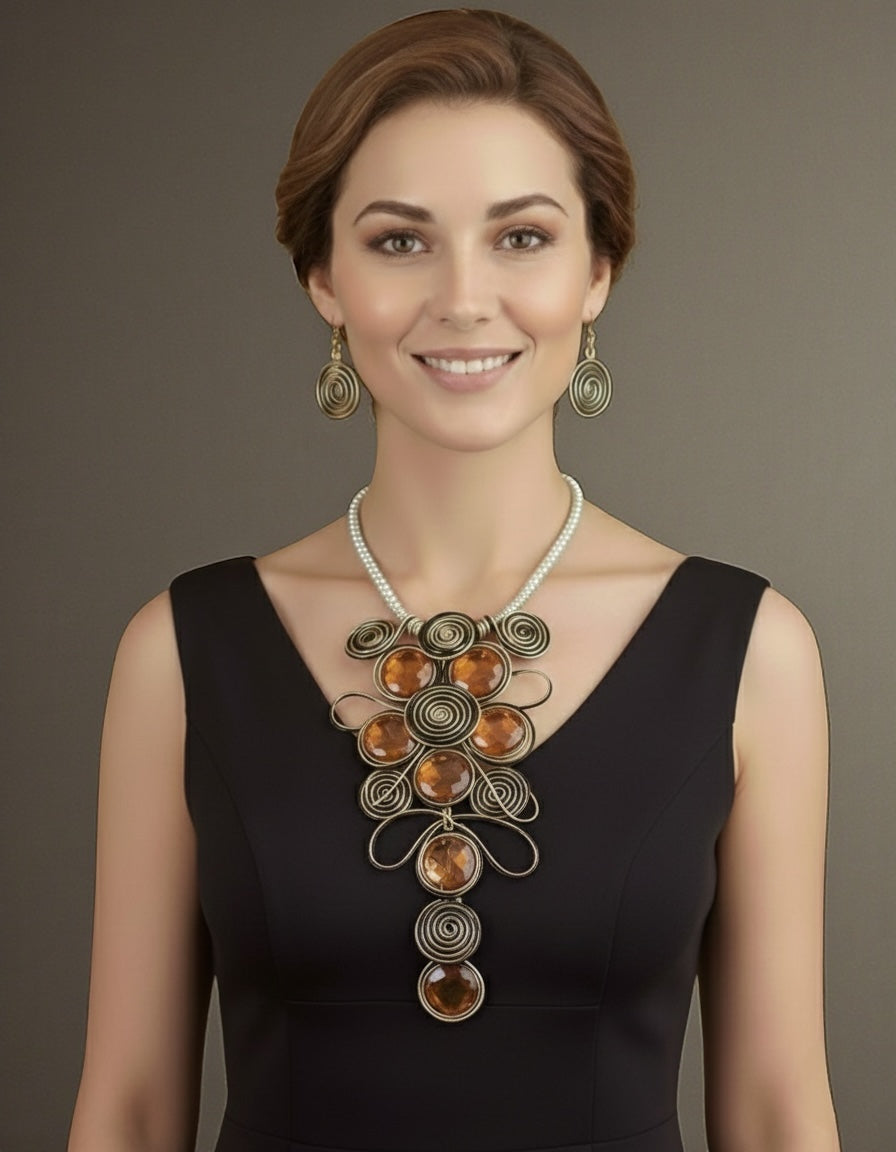 Bohemian Wire Wrapped Spiral Statement Necklace & Earrings Set – Oversized Crystal Pendant Jewellery