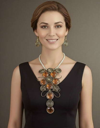 Bohemian Wire Wrapped Spiral Statement Necklace & Earrings Set – Oversized Crystal Pendant Jewellery